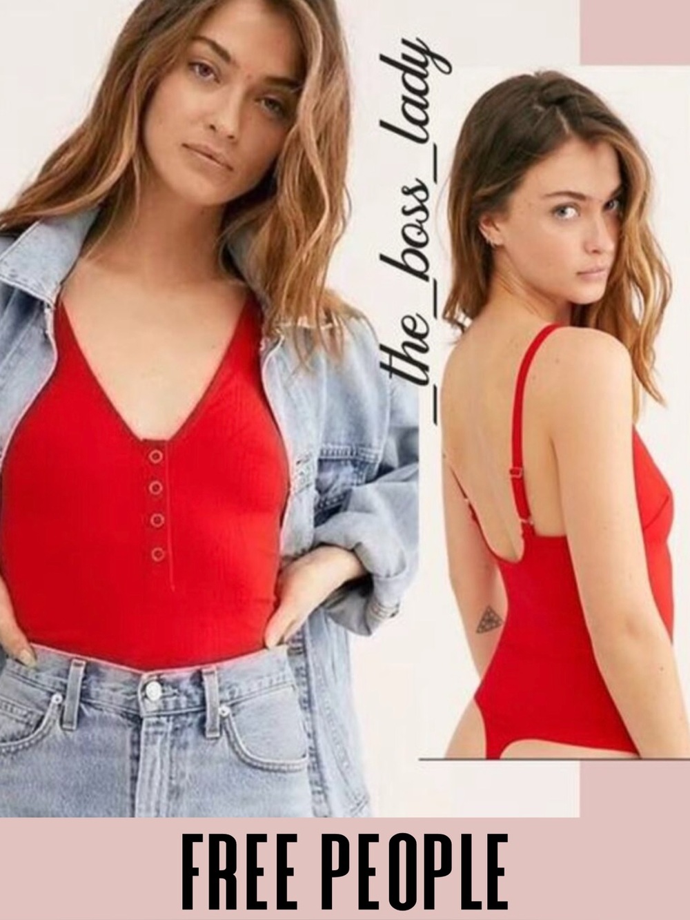 Free People bodysuit red v-neck stretchy long sleeve thong XS